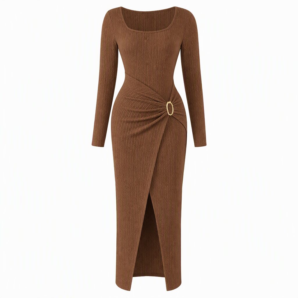 ⏰ Countdown läuft – 50% nur noch 3 Tage! Damen Herbst Winter Einfarbiges Stricktextur Langes Kleid mit Unregelmäßigem Ausschnitt