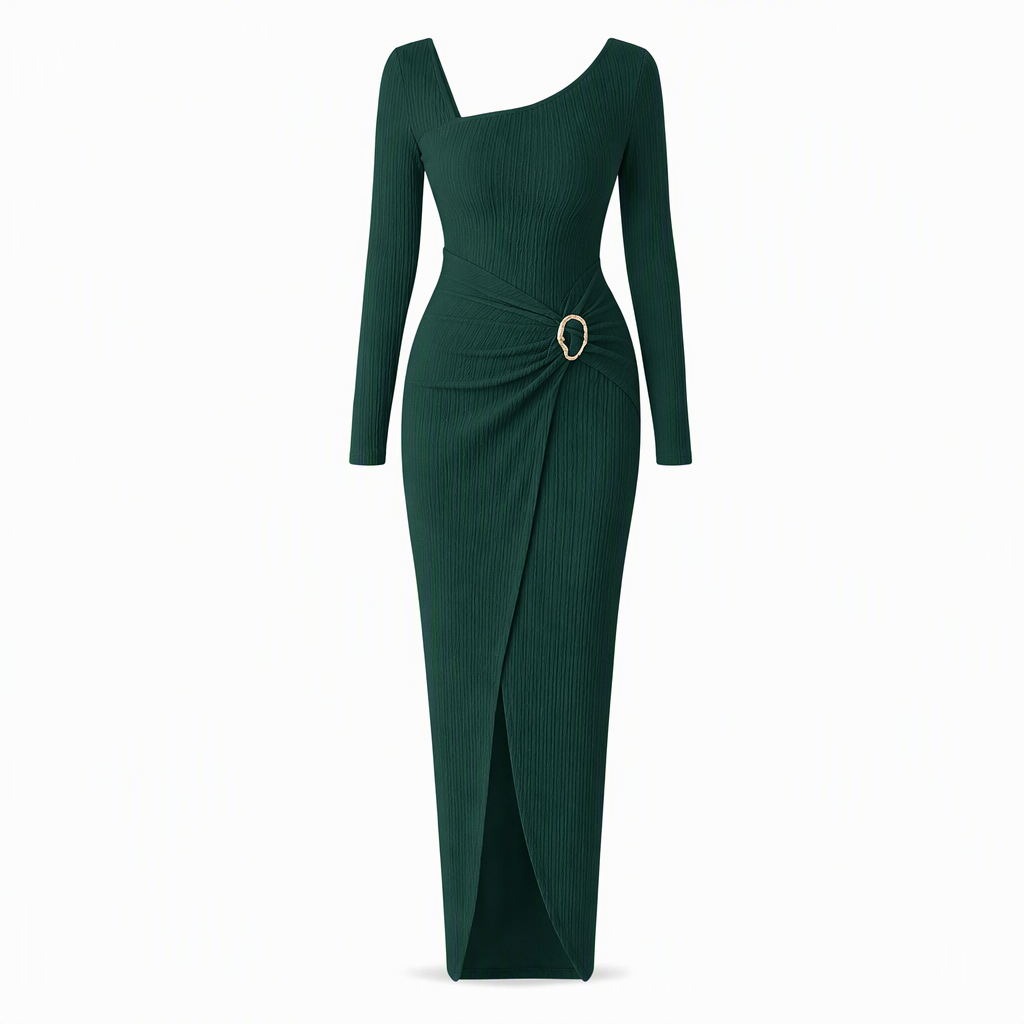 ⏰ Countdown läuft – 50% nur noch 3 Tage! Damen Herbst Winter Einfarbiges Stricktextur Langes Kleid mit Unregelmäßigem Ausschnitt