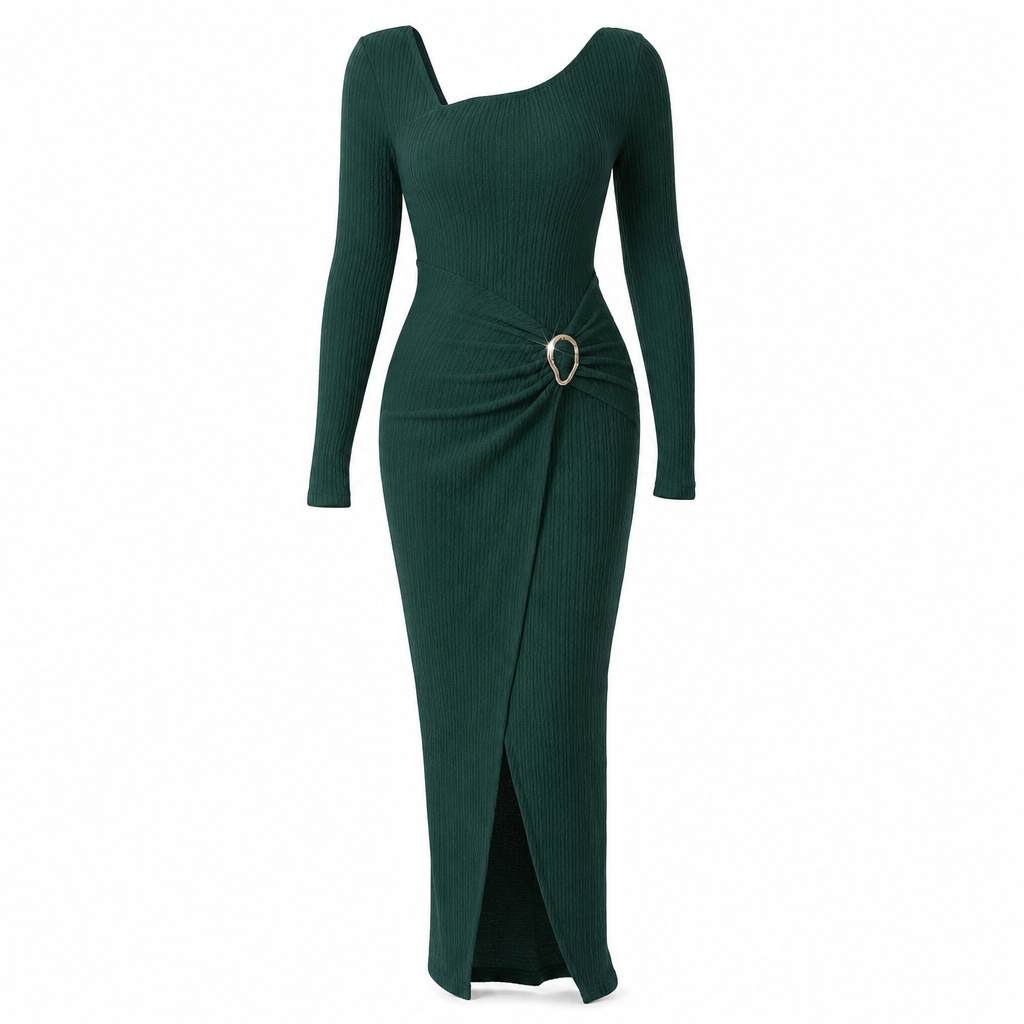 ⏰ Countdown läuft – 50% nur noch 3 Tage! Damen Herbst Winter Einfarbiges Stricktextur Langes Kleid mit Unregelmäßigem Ausschnitt