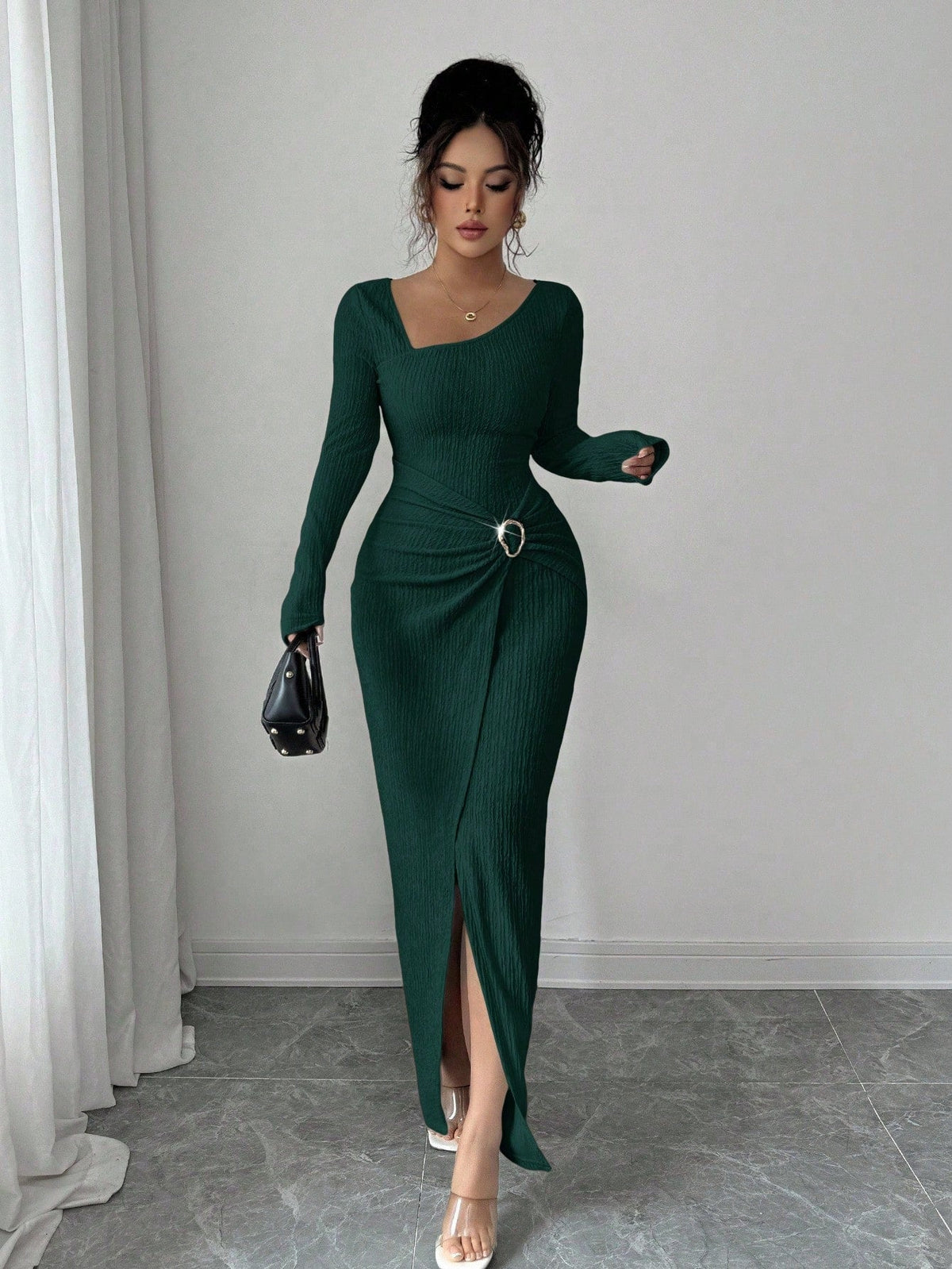 ⏰ Countdown läuft – 50% nur noch 3 Tage! Damen Herbst Winter Einfarbiges Stricktextur Langes Kleid mit Unregelmäßigem Ausschnitt
