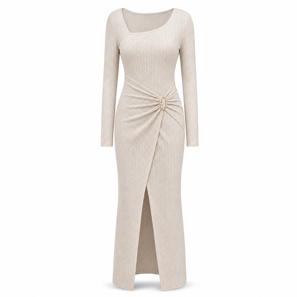 ⏰ Countdown läuft – 50% nur noch 3 Tage! Damen Herbst Winter Einfarbiges Stricktextur Langes Kleid mit Unregelmäßigem Ausschnitt