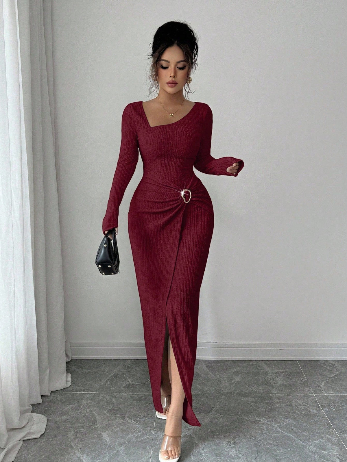 ⏰ Countdown läuft – 50% nur noch 3 Tage! Damen Herbst Winter Einfarbiges Stricktextur Langes Kleid mit Unregelmäßigem Ausschnitt