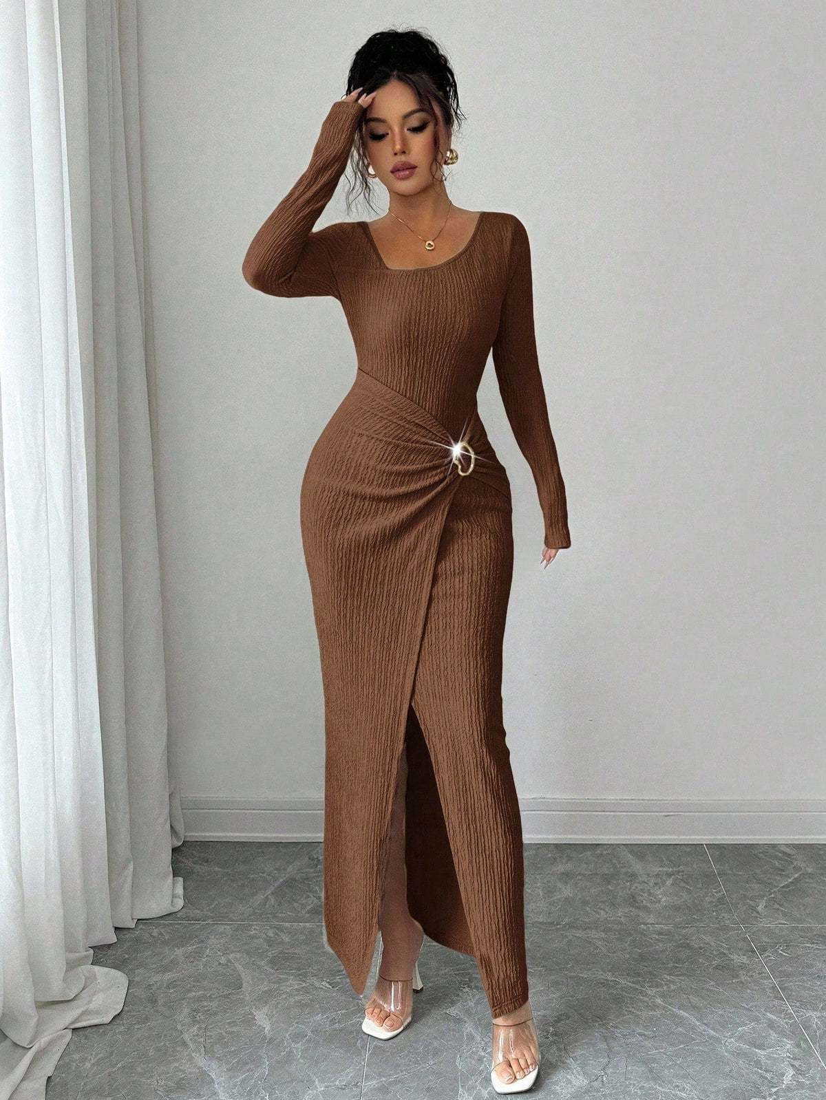 ⏰ Countdown läuft – 50% nur noch 3 Tage! Damen Herbst Winter Einfarbiges Stricktextur Langes Kleid mit Unregelmäßigem Ausschnitt