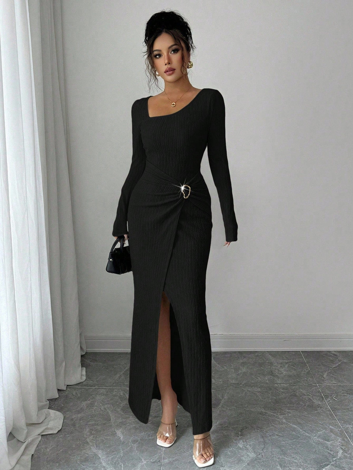 ⏰ Countdown läuft – 50% nur noch 3 Tage! Damen Herbst Winter Einfarbiges Stricktextur Langes Kleid mit Unregelmäßigem Ausschnitt