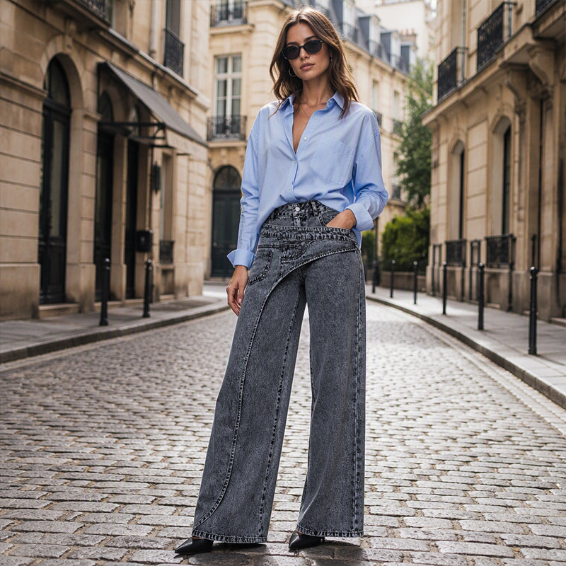 🔔 Letzte 100 Stück – solange der Vorrat reicht! Damen-Modische asymmetrische Wide-Leg-Jeans mit Überlappung