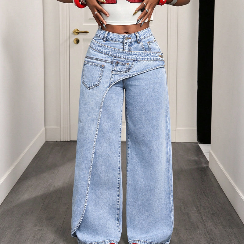 🔔 Letzte 100 Stück – solange der Vorrat reicht! Damen-Modische asymmetrische Wide-Leg-Jeans mit Überlappung
