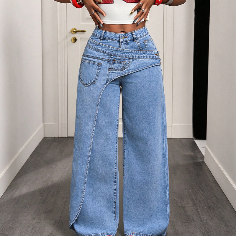 🔔 Letzte 100 Stück – solange der Vorrat reicht! Damen-Modische asymmetrische Wide-Leg-Jeans mit Überlappung