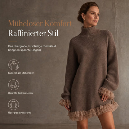 Oversized Strickkleid im Mock-Neck-Stil mit Rüschen-Tüllbesatz