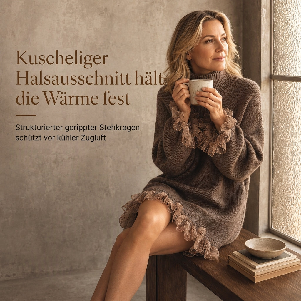 Oversized Strickkleid im Mock-Neck-Stil mit Rüschen-Tüllbesatz