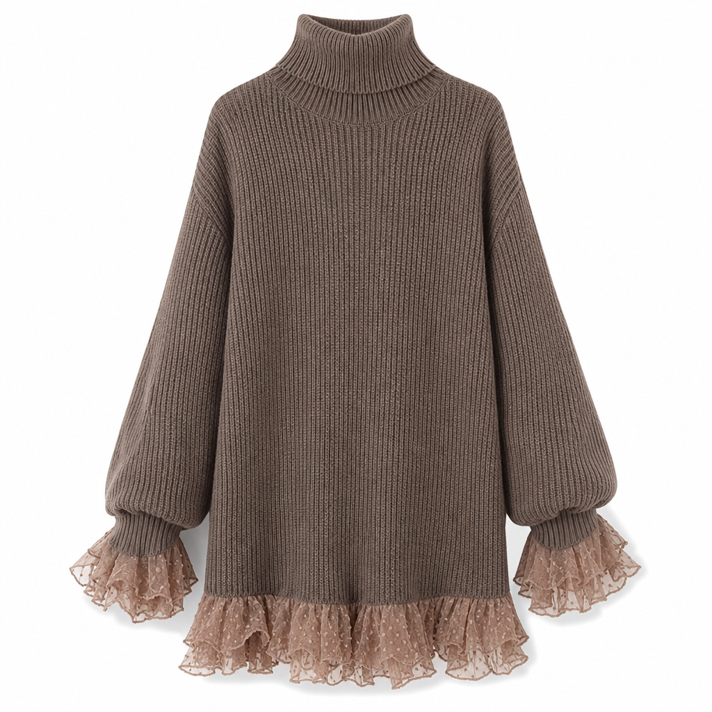 Oversized Strickkleid im Mock-Neck-Stil mit Rüschen-Tüllbesatz