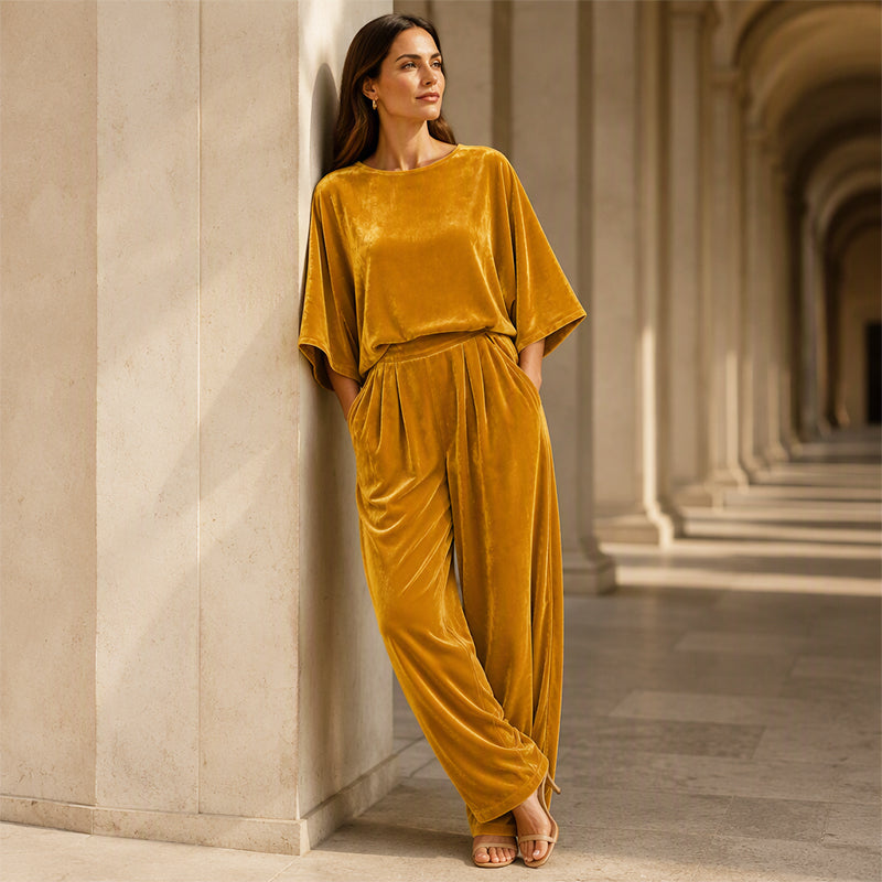 🚨 Eilmeldung: 50% endet heute Nacht! Samt-Set für Damen: Kurzarm-Oberteil & Weite-Hose