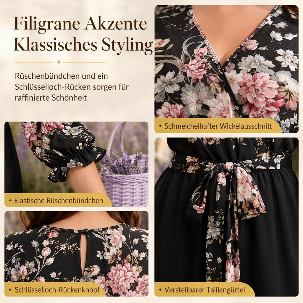 📢🎉50%Rabatt!!!🛍️✨Elegante Jumpsuit mit Blumenprint, Wickel-V-Ausschnitt, weitem Bein, Taillenschnürung und gekräuselten 3/4-Ärmeln