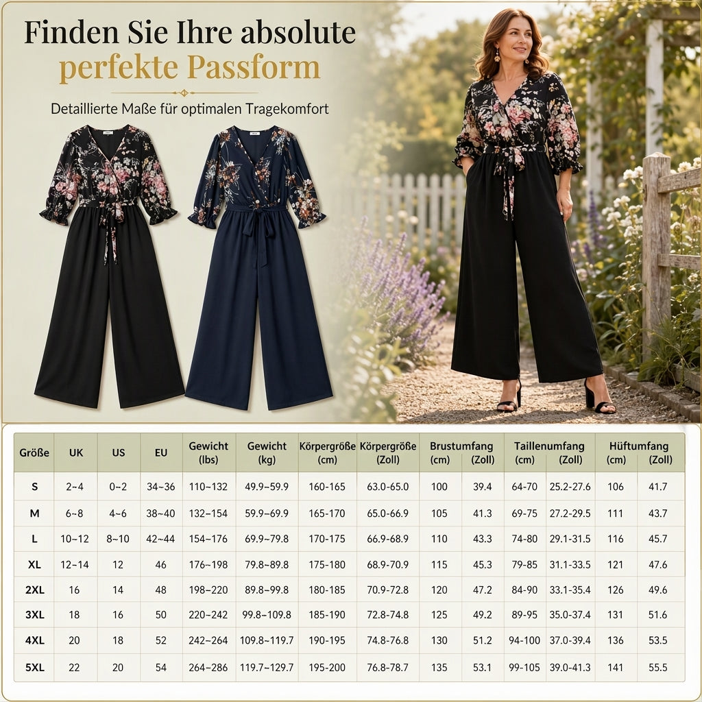 📢🎉50%Rabatt!!!🛍️✨Elegante Jumpsuit mit Blumenprint, Wickel-V-Ausschnitt, weitem Bein, Taillenschnürung und gekräuselten 3/4-Ärmeln
