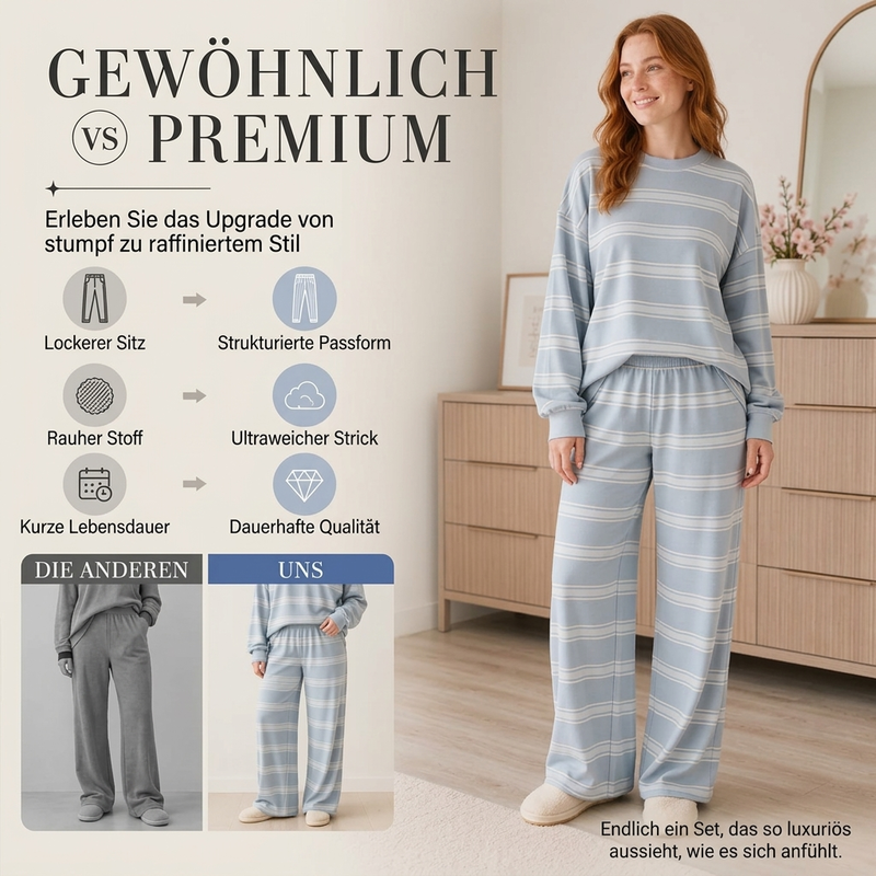 🌟 Der Look, den alle suchen – bei uns 50% günstiger! Damen-Streifenmotte-Mock-Neck-Top & Wide-Leg-Hosen-Set