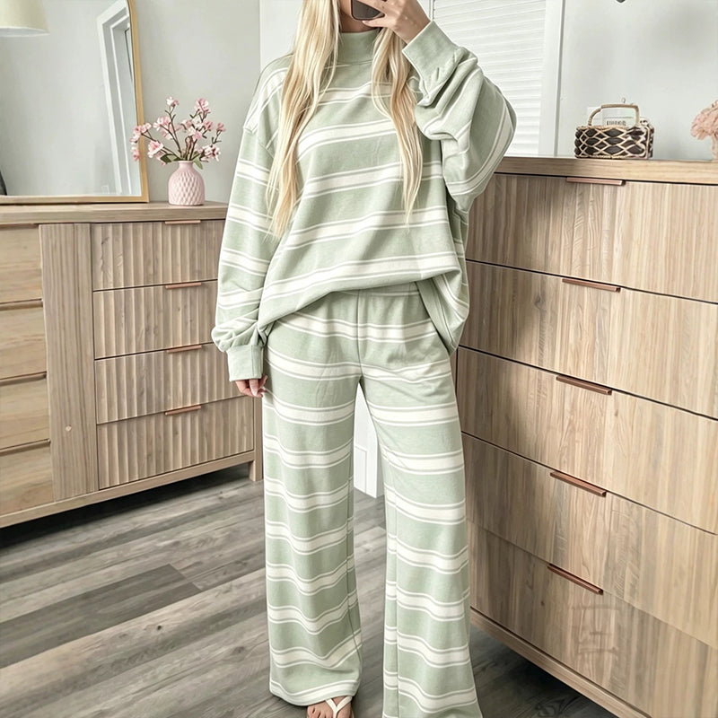 🌟 Der Look, den alle suchen – bei uns 50% günstiger! Damen-Streifenmotte-Mock-Neck-Top & Wide-Leg-Hosen-Set