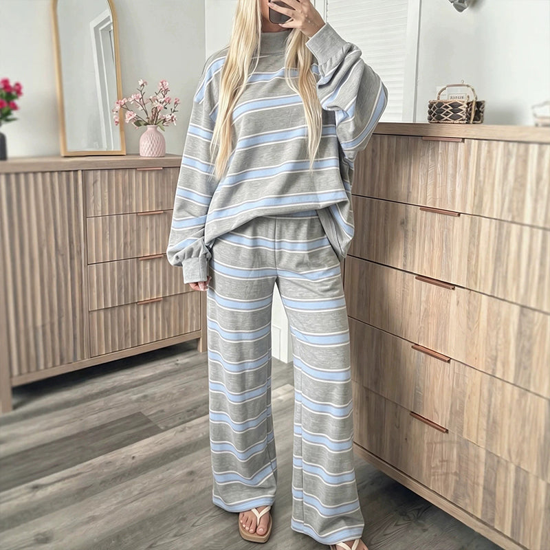 🌟 Der Look, den alle suchen – bei uns 50% günstiger! Damen-Streifenmotte-Mock-Neck-Top & Wide-Leg-Hosen-Set