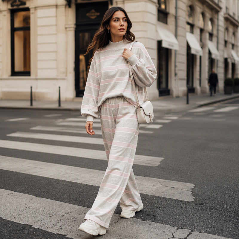 🌟 Der Look, den alle suchen – bei uns 50% günstiger! Damen-Streifenmotte-Mock-Neck-Top & Wide-Leg-Hosen-Set
