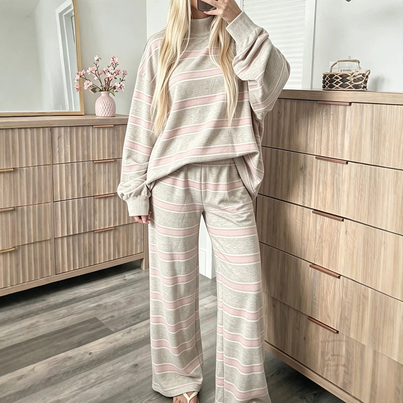 🌟 Der Look, den alle suchen – bei uns 50% günstiger! Damen-Streifenmotte-Mock-Neck-Top & Wide-Leg-Hosen-Set