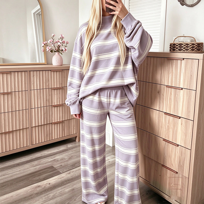 🌟 Der Look, den alle suchen – bei uns 50% günstiger! Damen-Streifenmotte-Mock-Neck-Top & Wide-Leg-Hosen-Set