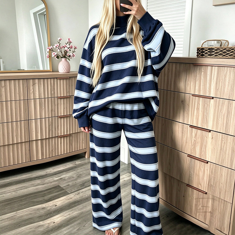 🌟 Der Look, den alle suchen – bei uns 50% günstiger! Damen-Streifenmotte-Mock-Neck-Top & Wide-Leg-Hosen-Set