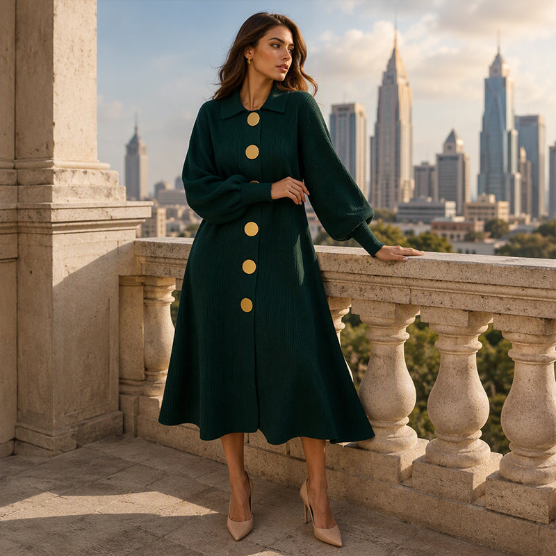 🔥Beliebtes Produkt ！✨Damen Maxikleid aus Rippstrick mit Laternenärmeln