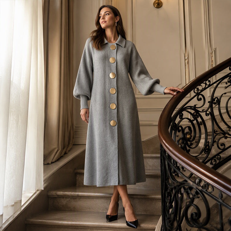 🔥Beliebtes Produkt ！✨Damen Maxikleid aus Rippstrick mit Laternenärmeln