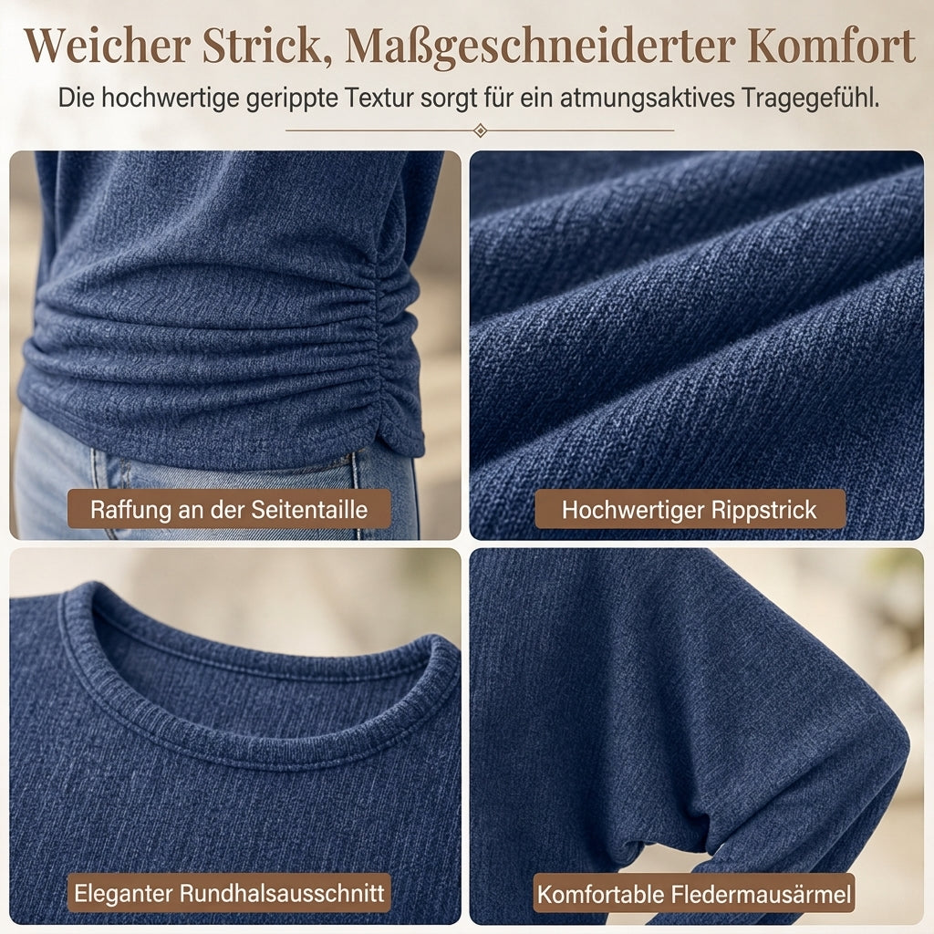 📢🎉50%Rabatt!!!🛍️✨Damen lässiger lockerer Rundhals Langarm Strickpullover mit herunterfallenden Schultern, Fledermausärmeln und seitlicher Rüschenoptik