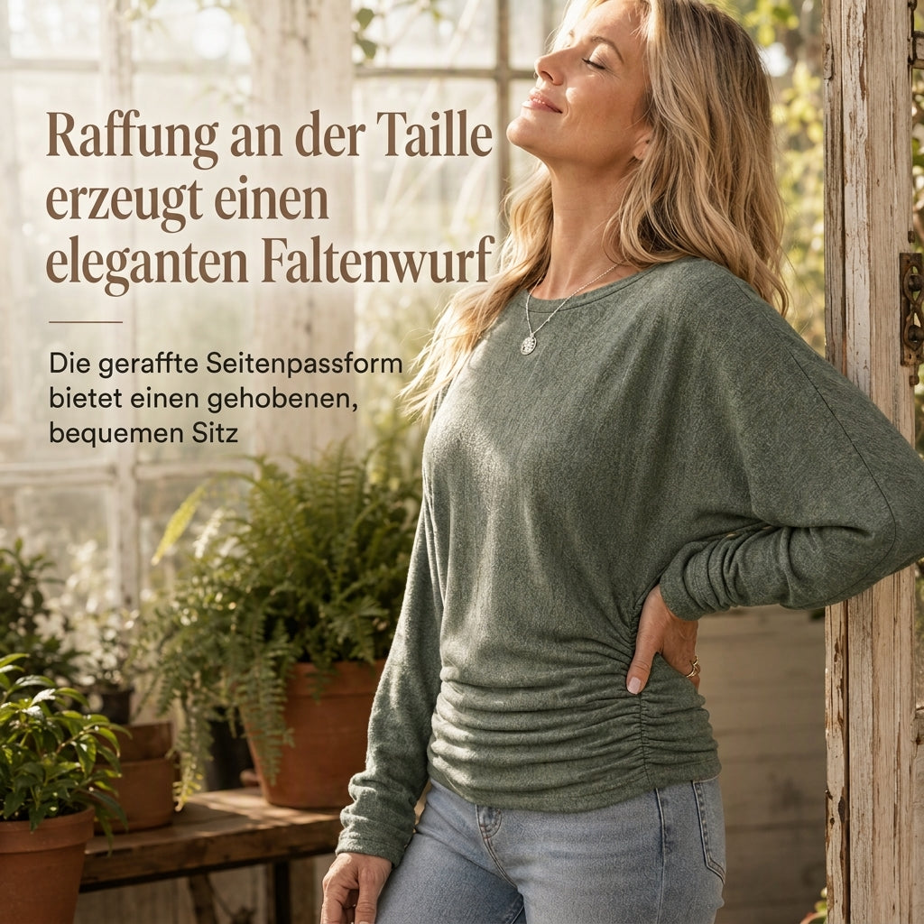 📢🎉50%Rabatt!!!🛍️✨Damen lässiger lockerer Rundhals Langarm Strickpullover mit herunterfallenden Schultern, Fledermausärmeln und seitlicher Rüschenoptik