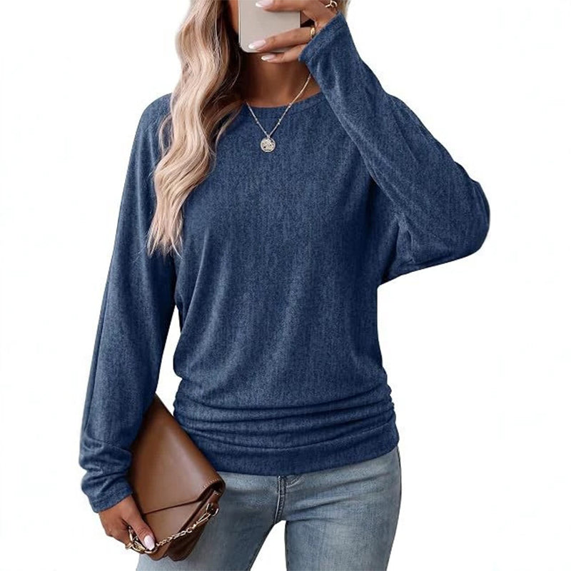 📢🎉50%Rabatt!!!🛍️✨Damen lässiger lockerer Rundhals Langarm Strickpullover mit herunterfallenden Schultern, Fledermausärmeln und seitlicher Rüschenoptik