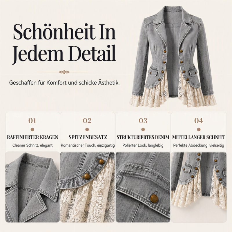 💬 Tausende zufriedene Kunden! 💞 Damen Jeansjacke mit Spitzenabschluss und Reverskragen