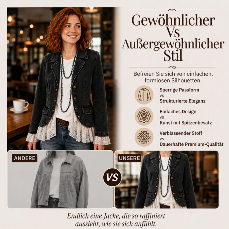 💬 Tausende zufriedene Kunden! 💞 Damen Jeansjacke mit Spitzenabschluss und Reverskragen