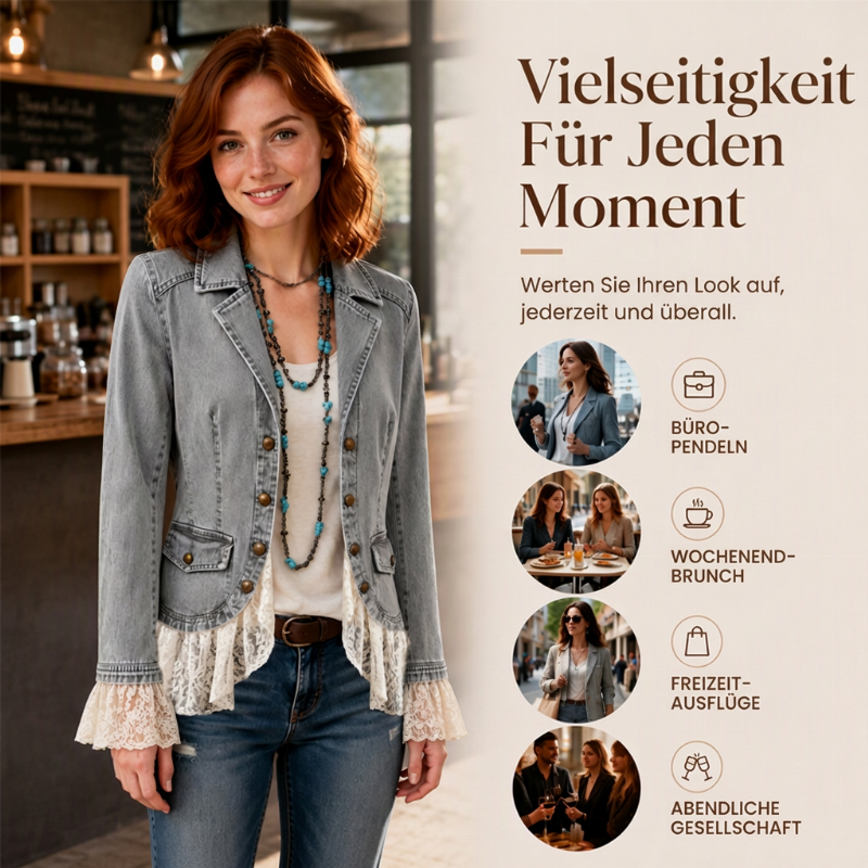 💬 Tausende zufriedene Kunden! 💞 Damen Jeansjacke mit Spitzenabschluss und Reverskragen