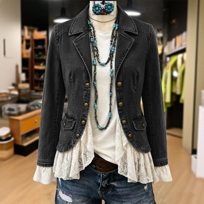 💬 Tausende zufriedene Kunden! 💞 Damen Jeansjacke mit Spitzenabschluss und Reverskragen