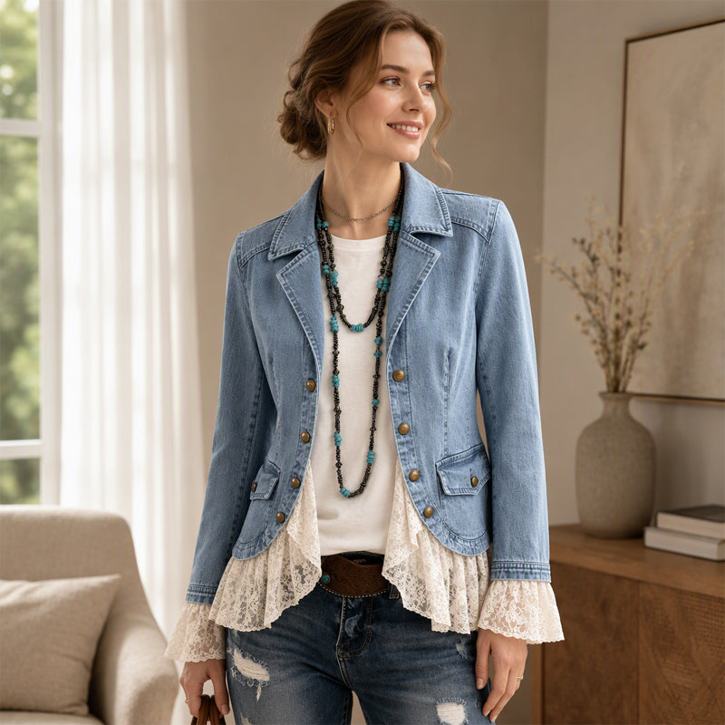 💬 Tausende zufriedene Kunden! 💞 Damen Jeansjacke mit Spitzenabschluss und Reverskragen