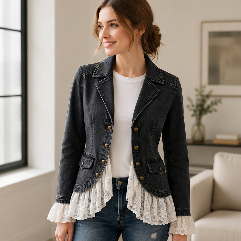 💬 Tausende zufriedene Kunden! 💞 Damen Jeansjacke mit Spitzenabschluss und Reverskragen