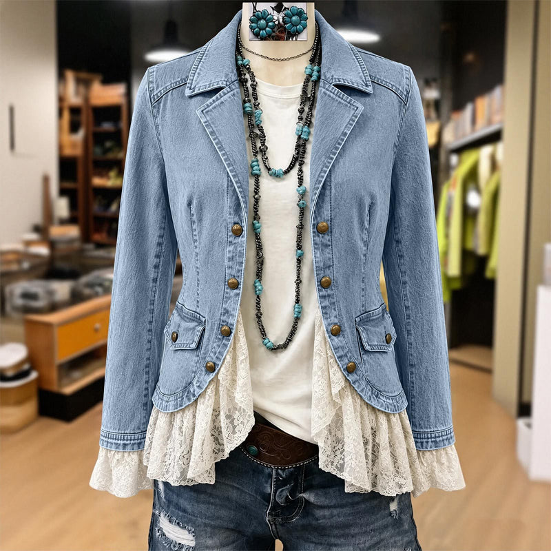 💬 Tausende zufriedene Kunden! 💞 Damen Jeansjacke mit Spitzenabschluss und Reverskragen