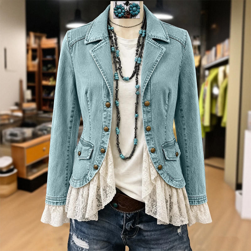💬 Tausende zufriedene Kunden! 💞 Damen Jeansjacke mit Spitzenabschluss und Reverskragen