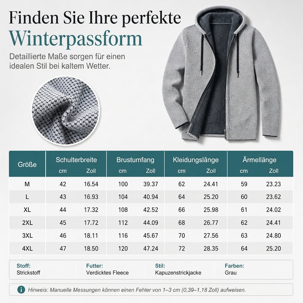 Herren Winter Strickjacke mit Kapuze, kariert, mit Fleecefutter, dicker Mantel mit langen Ärmeln