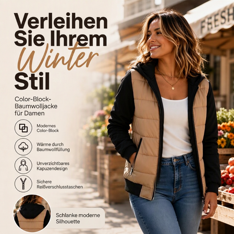 50 % RABATT | Damen Farbblock gesteppte Kapuzenjacke