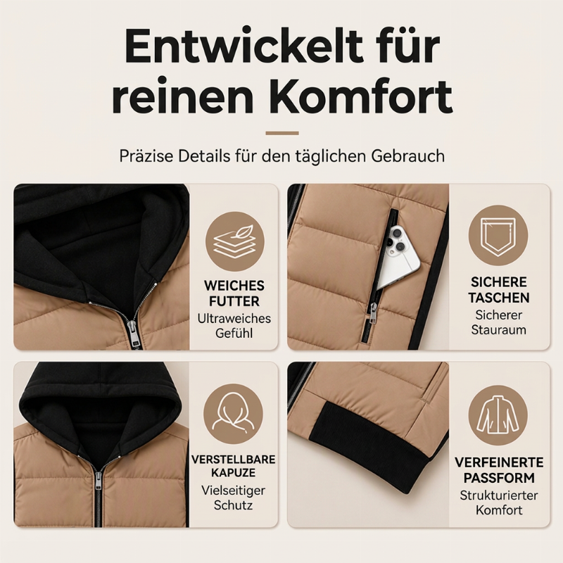 50 % RABATT | Damen Farbblock gesteppte Kapuzenjacke