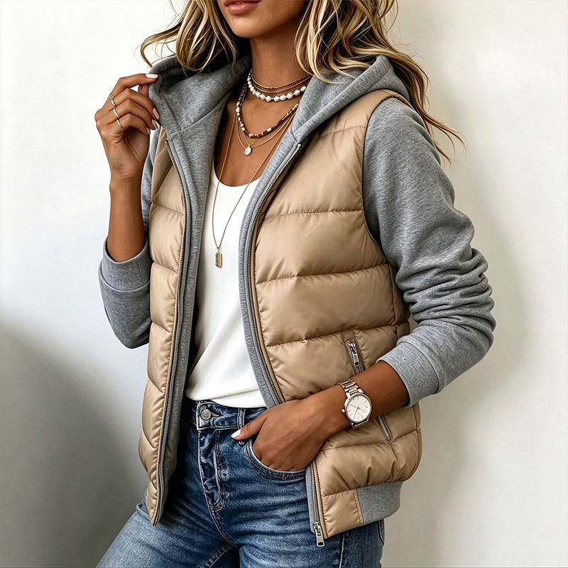 50 % RABATT | Damen Farbblock gesteppte Kapuzenjacke