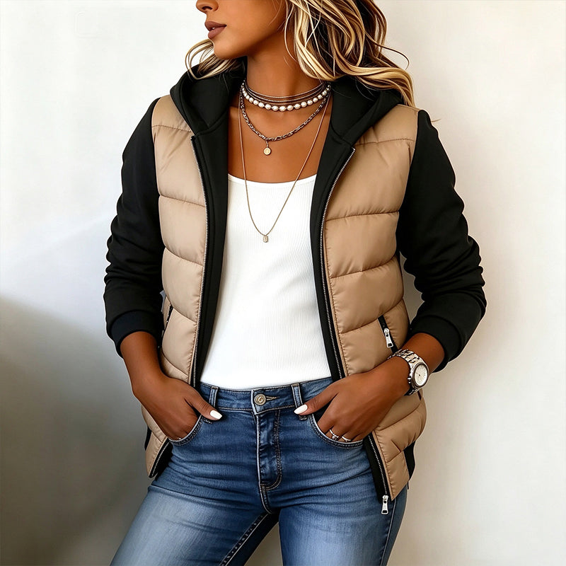 50 % RABATT | Damen Farbblock gesteppte Kapuzenjacke