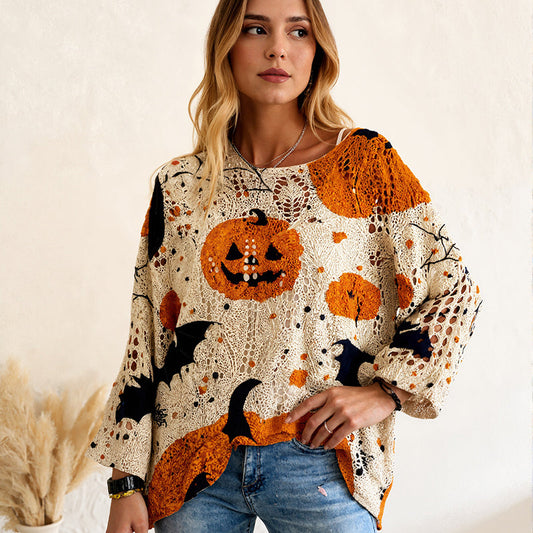 🙌 70% WiederkaufquoteDamen-Halloween-Strickpullover im lockeren Schnitt mit Fledermausärmel