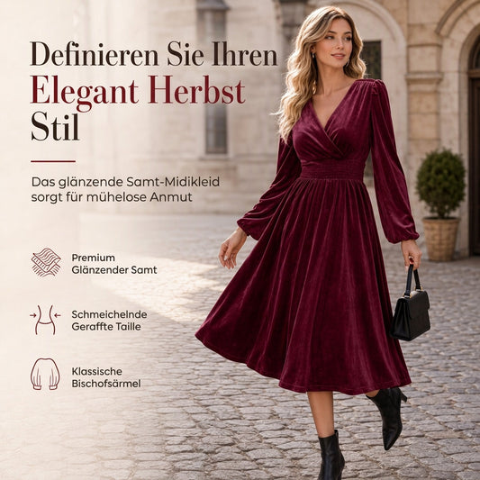 50%Rabatt | Damen einfarbiges Samt-Maxikleid mit V-Ausschnitt und langen Ärmeln