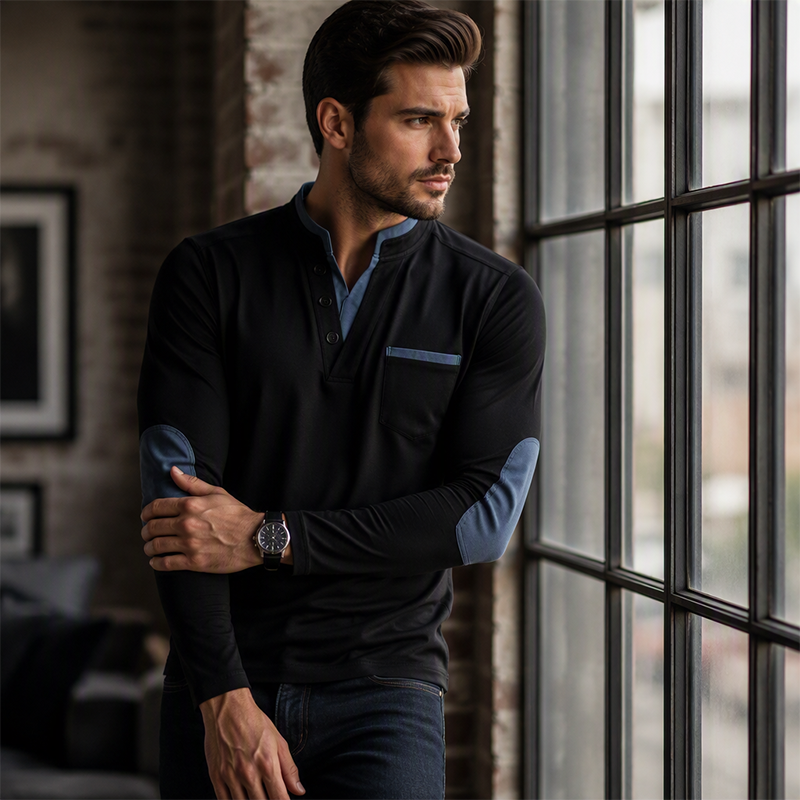 🔥Räumungsverkauf🔥Herren-Stehkragen-Langarmshirt, gespleißtes lässiges Pulloberoberteil