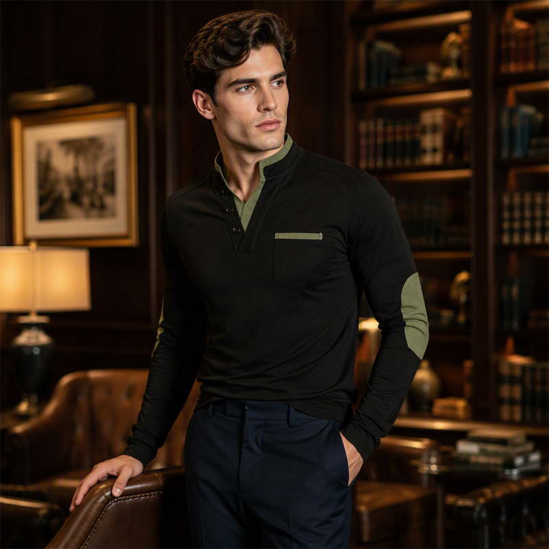 🔥 50% RABATT 👕 Herren Langarmshirt mit Stehkragen – lässiger Patchwork-Look