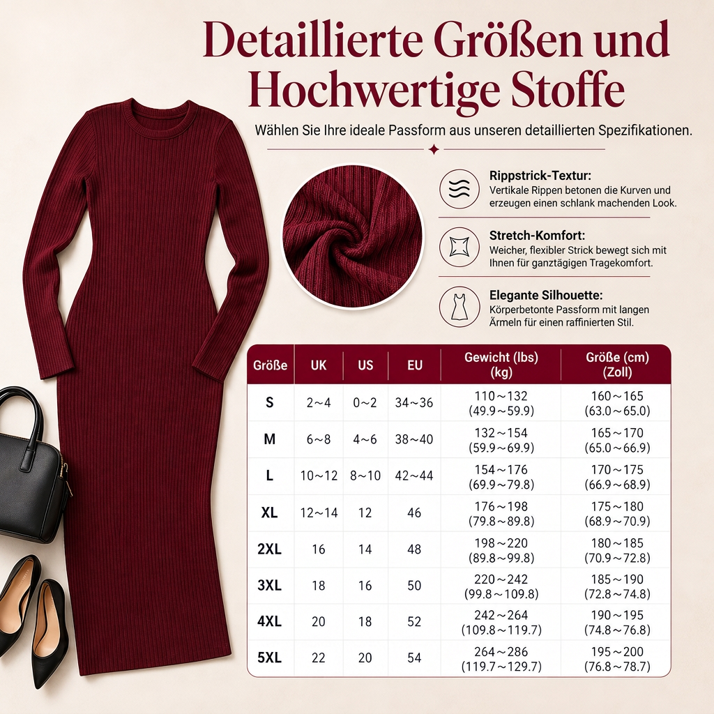 💋Genießen Sie eine 30-tägige problemlose Rückgaberichtlinie!✅️Damen Langarm Rippstrick Rundausschnitt Bodycon Maxikleid