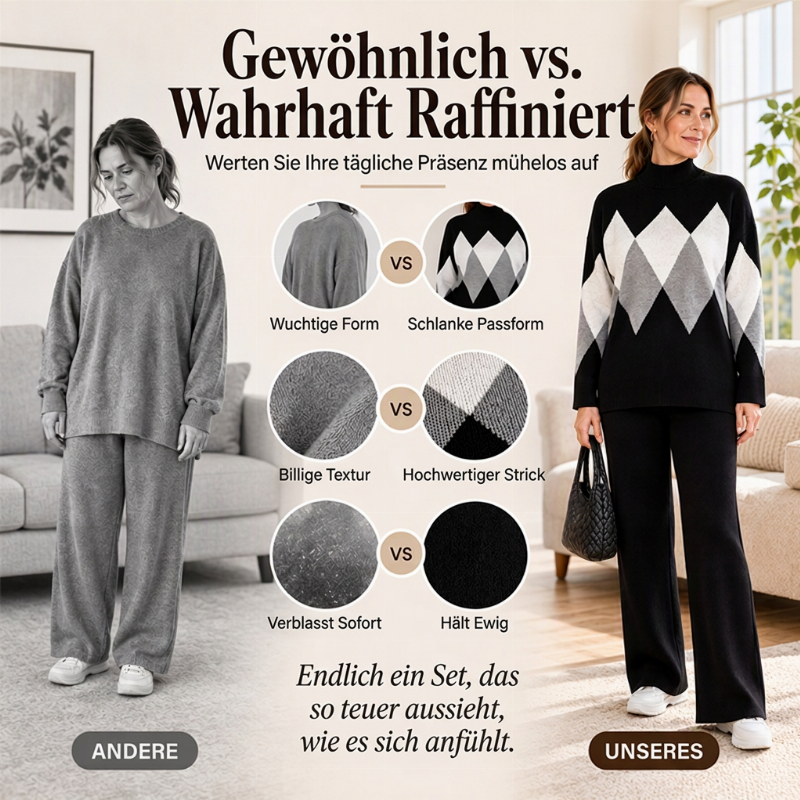 ⏰ Countdown läuft – 50% nur noch 3 Tage!  Damen Argyle Strickpullover & Wide-Leg Hose Set