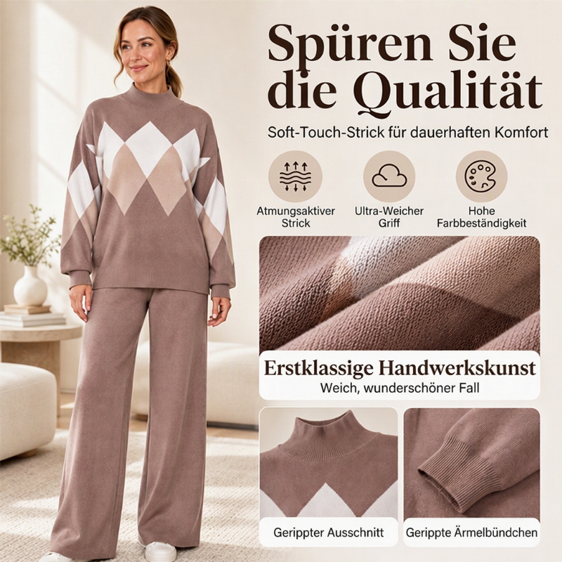 ⏰ Countdown läuft – 50% nur noch 3 Tage!  Damen Argyle Strickpullover & Wide-Leg Hose Set