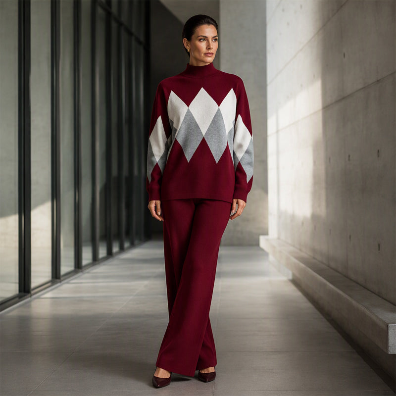 ⏰ Countdown läuft – 50% nur noch 3 Tage!  Damen Argyle Strickpullover & Wide-Leg Hose Set